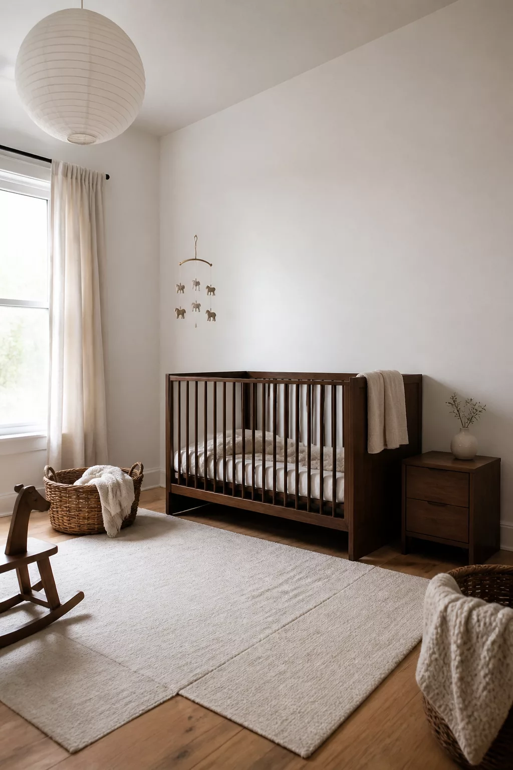 White and wood nursery design with dark espresso crib, paper lantern pendant, and natural linen accents