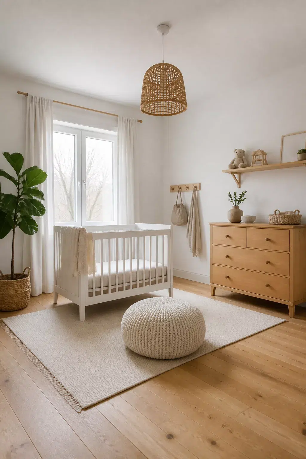 White and wood nursery design with rattan pendant light, knit pouf, oak dresser, and white crib on hardwood floors.