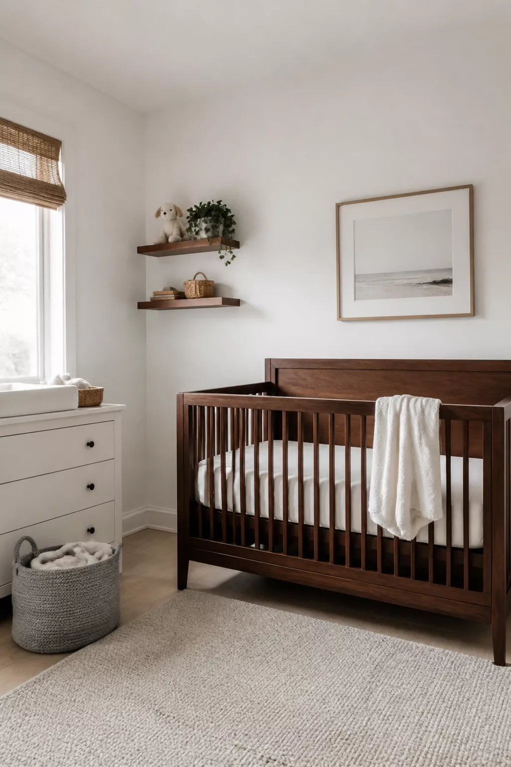 White and wood nursery design with a dark walnut crib, framed coastal art, and floating shelves on white walls.