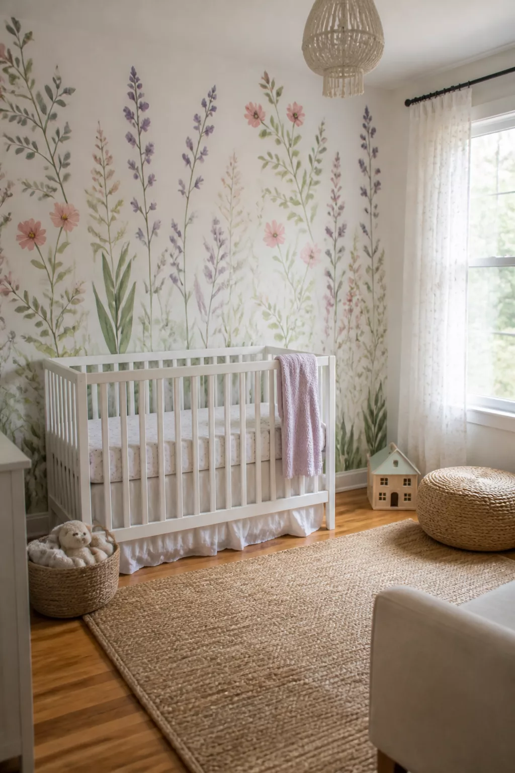 Floor-to-ceiling watercolor wildflower nursery mural with white crib and jute rug — wildflower nursery designs