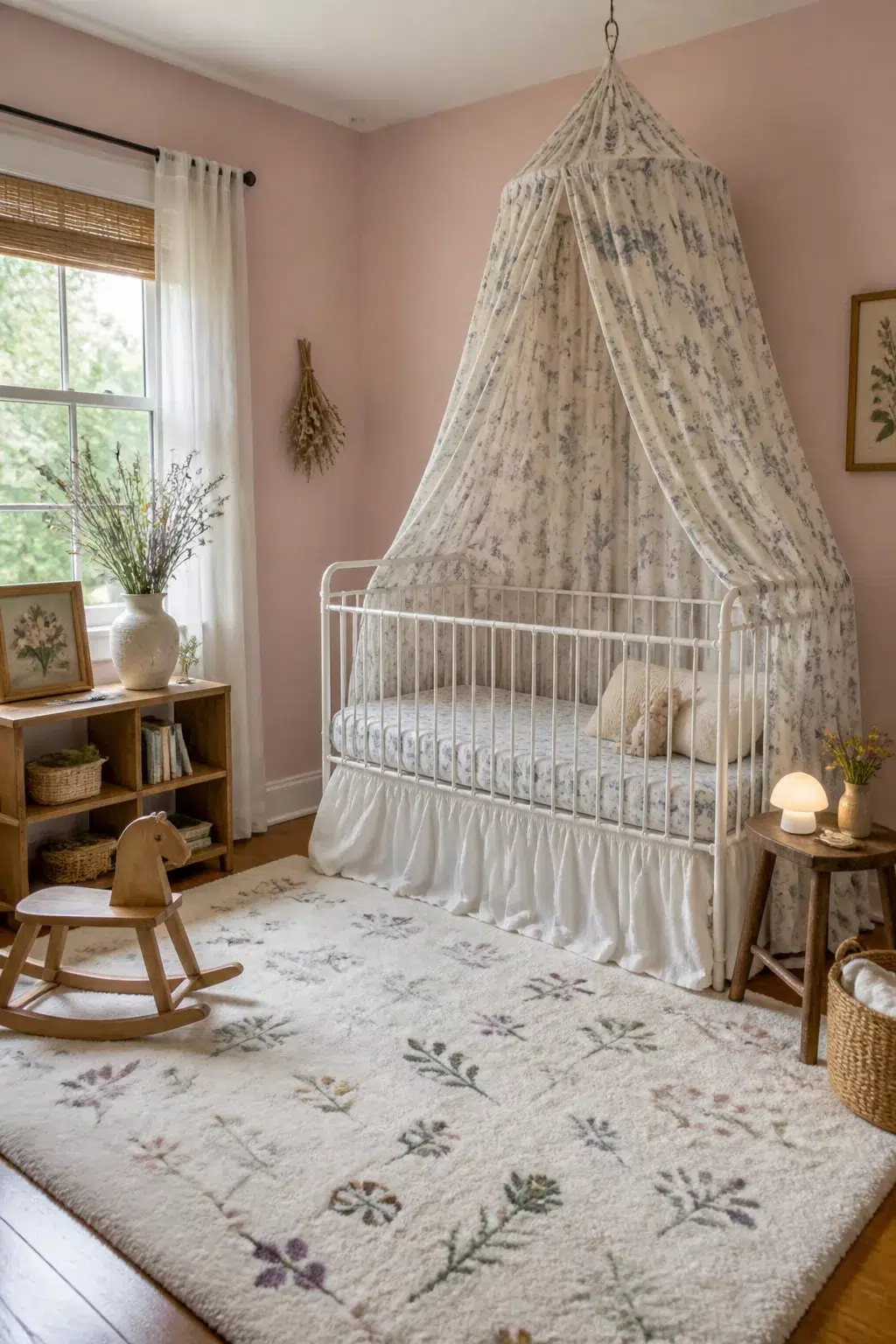 Wildflower nursery design with a floral fabric canopy draped over a white iron crib, pink walls, and botanical rug.