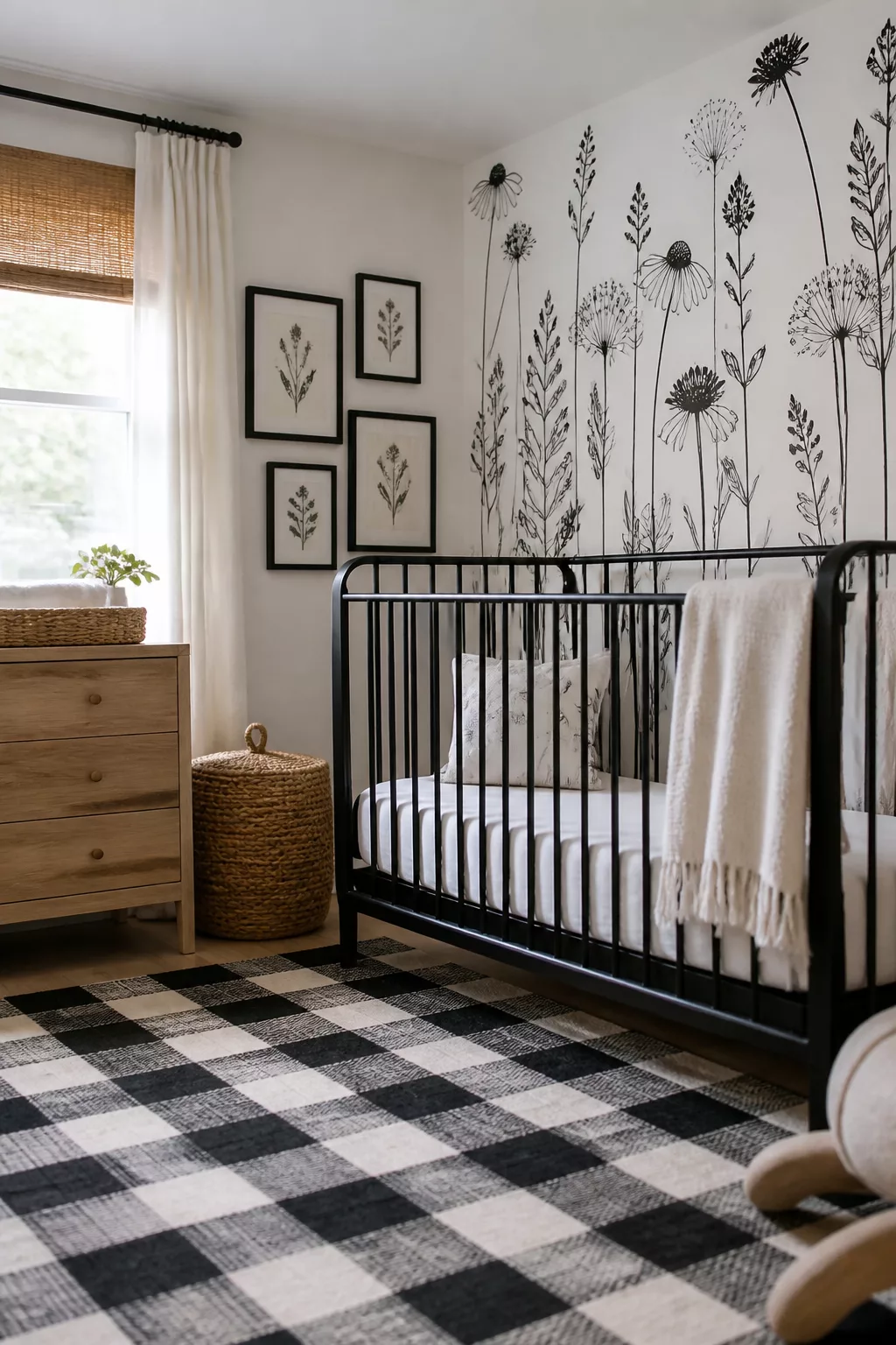 Black iron crib with wildflower line-art wallpaper and buffalo check rug — monochrome wildflower nursery design