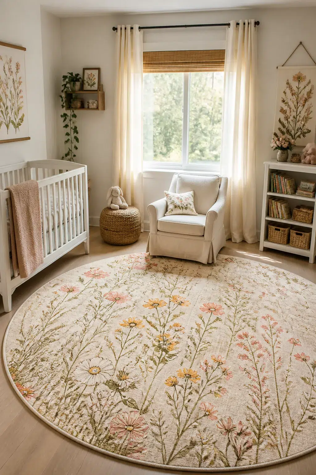 Round wildflower meadow rug as focal point in a soft wildflower nursery design with white crib and glider