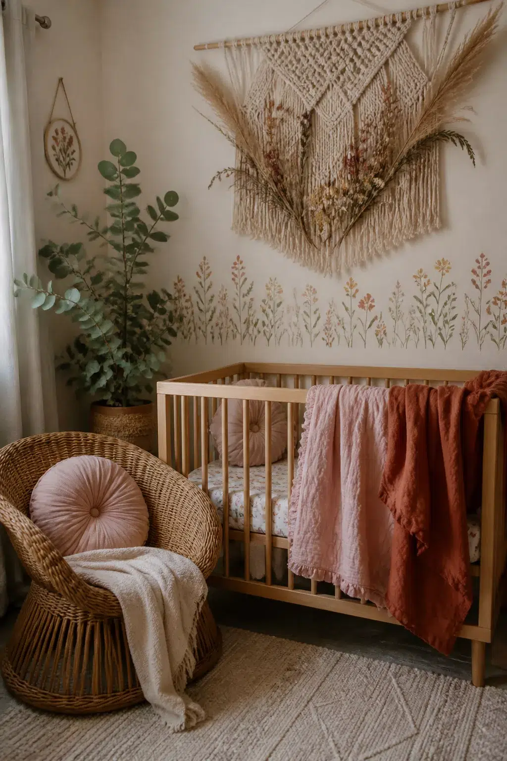 Boho wildflower nursery design with macramé wall hanging, stenciled floral border, wicker chair, and natural wood crib.