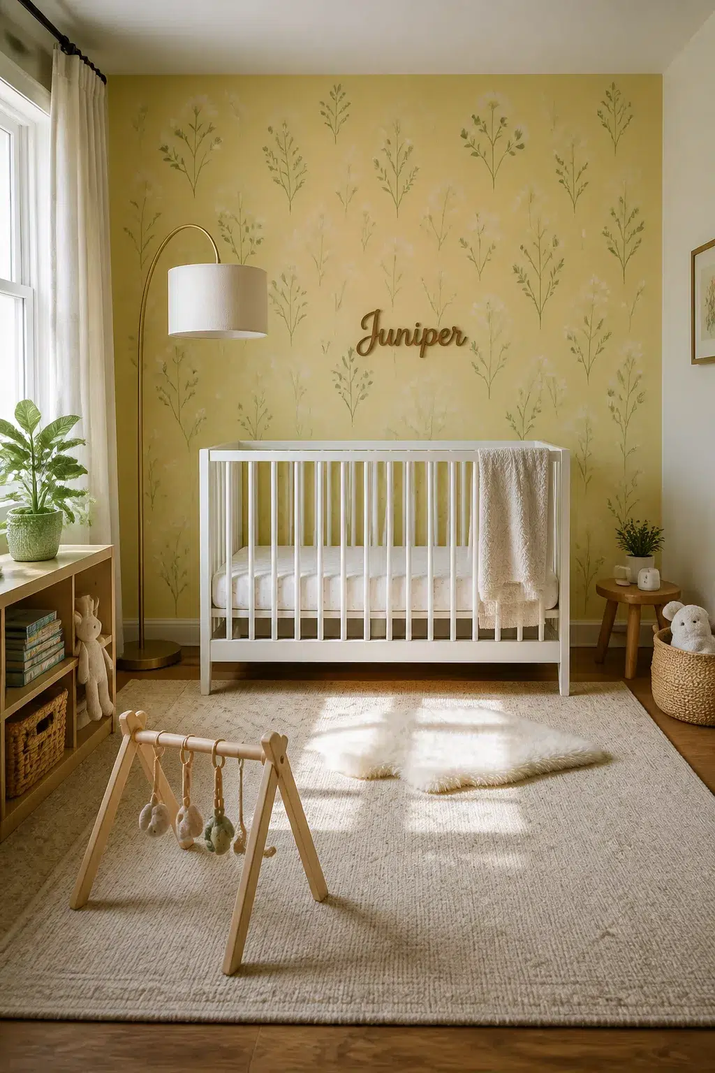 Yellow stenciled botanical sprig accent wall in a wildflower nursery design with white crib and wood name sign.