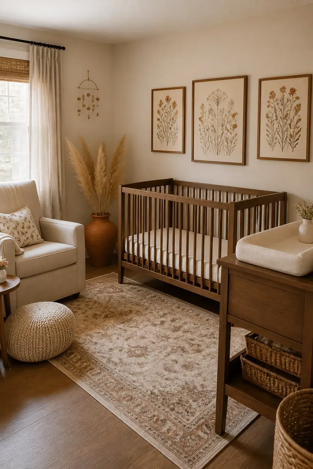 Gender-neutral wildflower nursery designs with framed botanical prints, walnut crib, and warm neutral boho decor