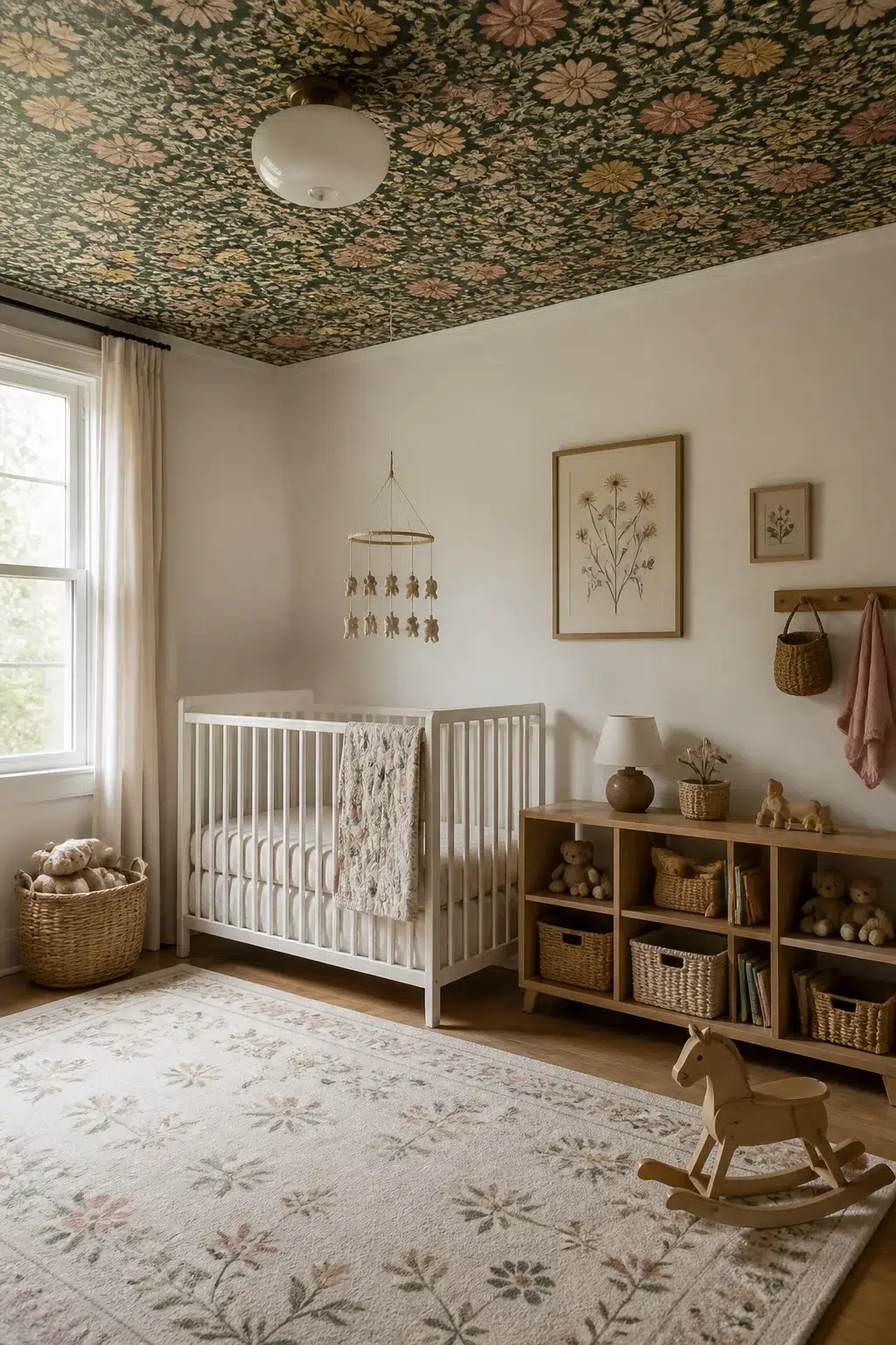 Wildflower nursery design with dark green floral ceiling wallpaper, white crib, wicker baskets, and a floral rug.