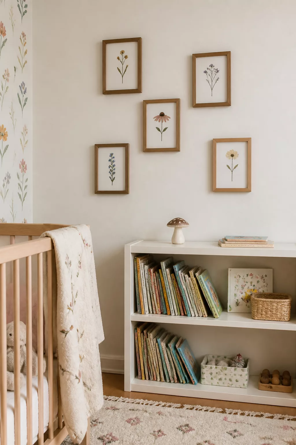 Asymmetric wildflower botanical framed prints above cream bookshelf in a soft wildflower nursery design