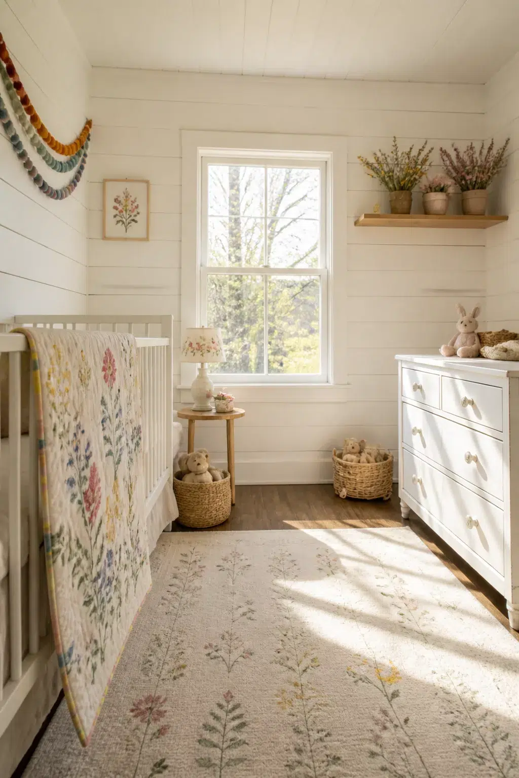 Pastel wildflower nursery designs with floral quilt, botanical rug, shiplap walls, and rainbow tassel garland.