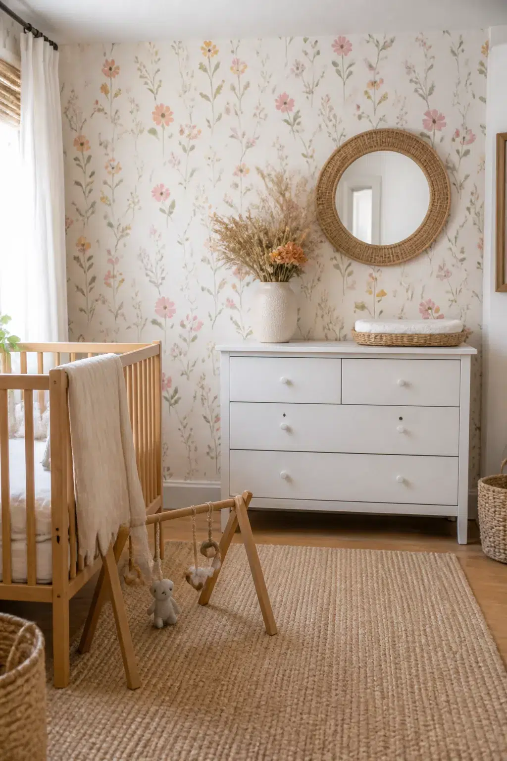 Wildflower nursery design with peel-and-stick floral accent wall, white dresser, rattan mirror, and natural wood crib.