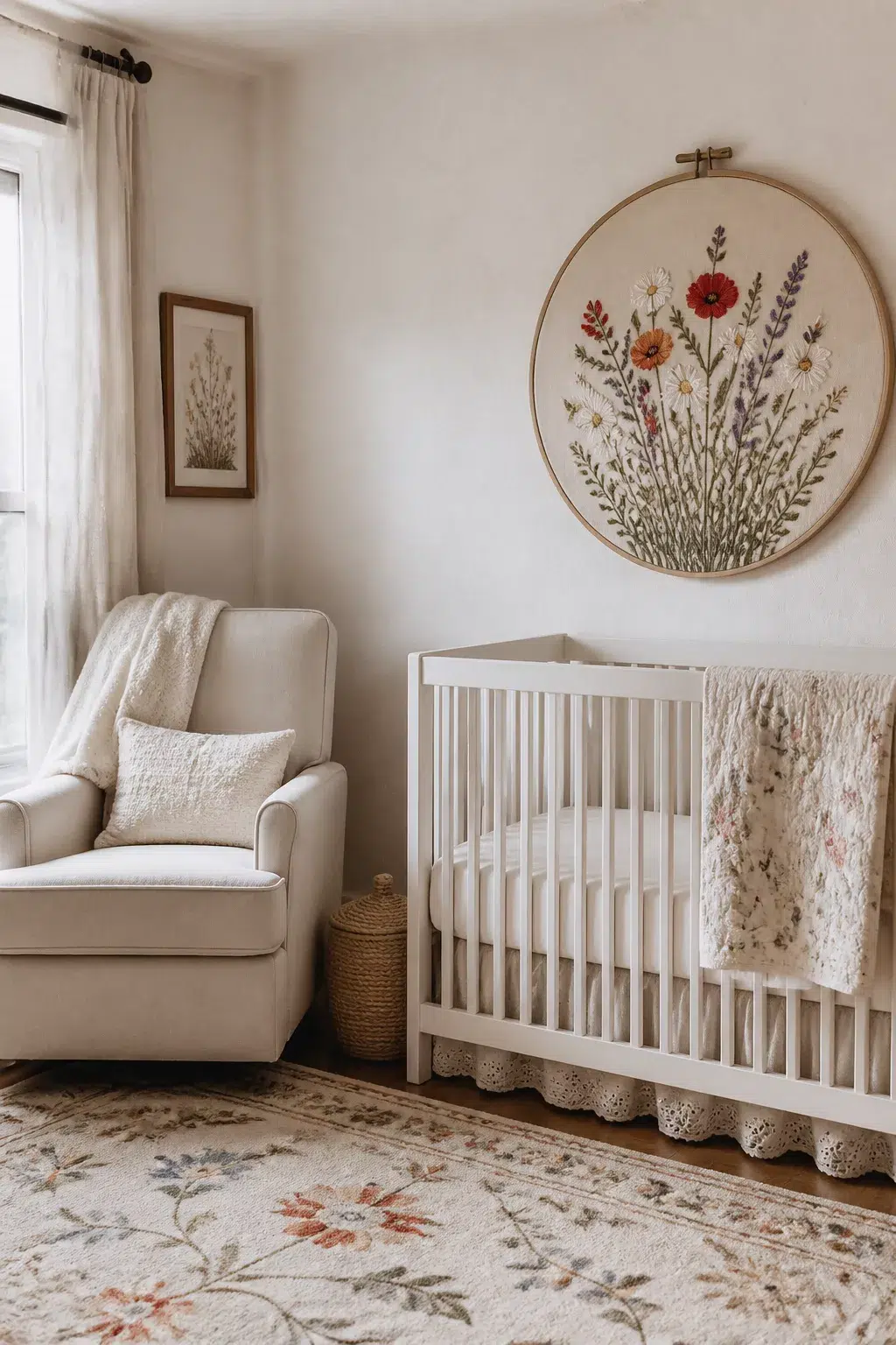 Wildflower nursery design with large embroidery hoop textile art above white crib and floral rug
