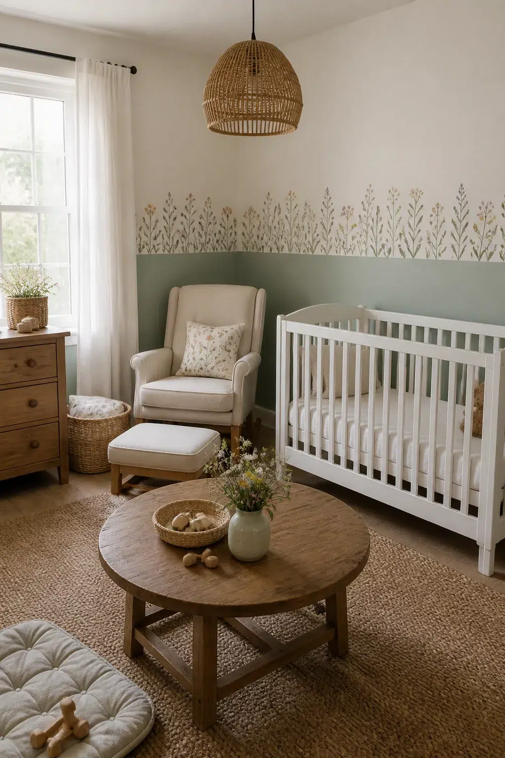 Wildflower nursery design with sage half-wall, floral botanical decal border at chair-rail height, jute rug, and rattan pendant light.