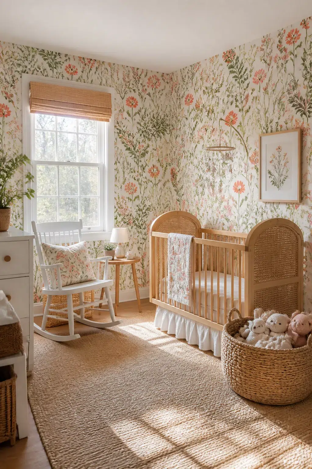 Floor-to-ceiling wildflower wallpaper nursery with rattan crib, jute rug, and white rocking chair — wildflower nursery design