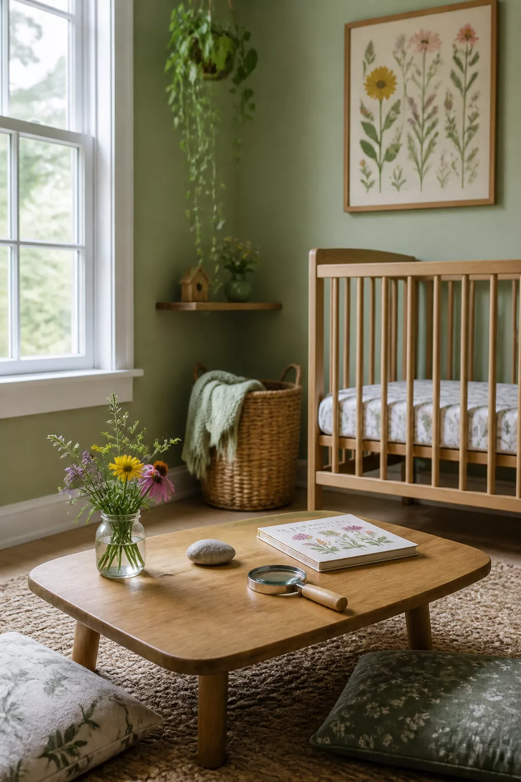 Wildflower nursery design with sage green walls, botanical print, low wood table, and fresh wildflower jar display.