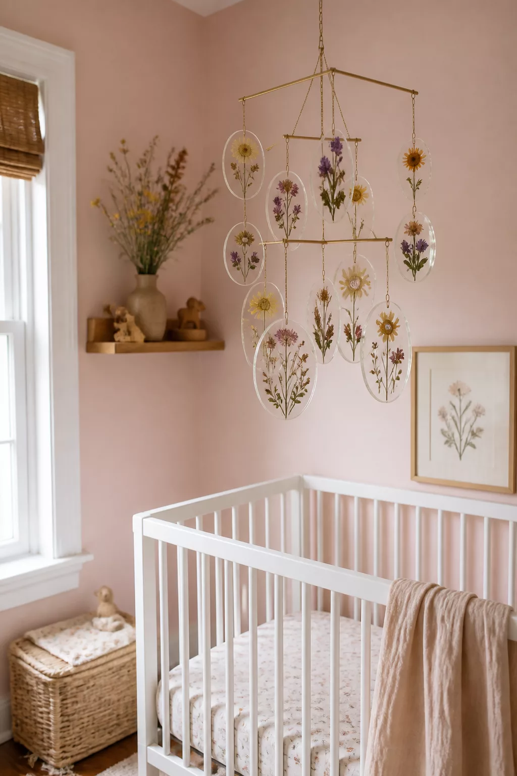 Brass pressed wildflower oval mobile above white crib in a blush pink wildflower nursery design.