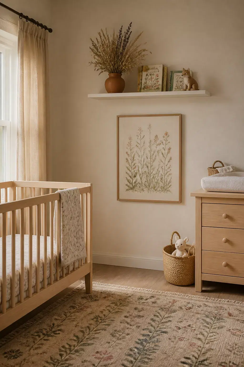 Earthy wildflower nursery design with dried bouquet on floating shelf, terracotta vase, botanical print & light wood crib.