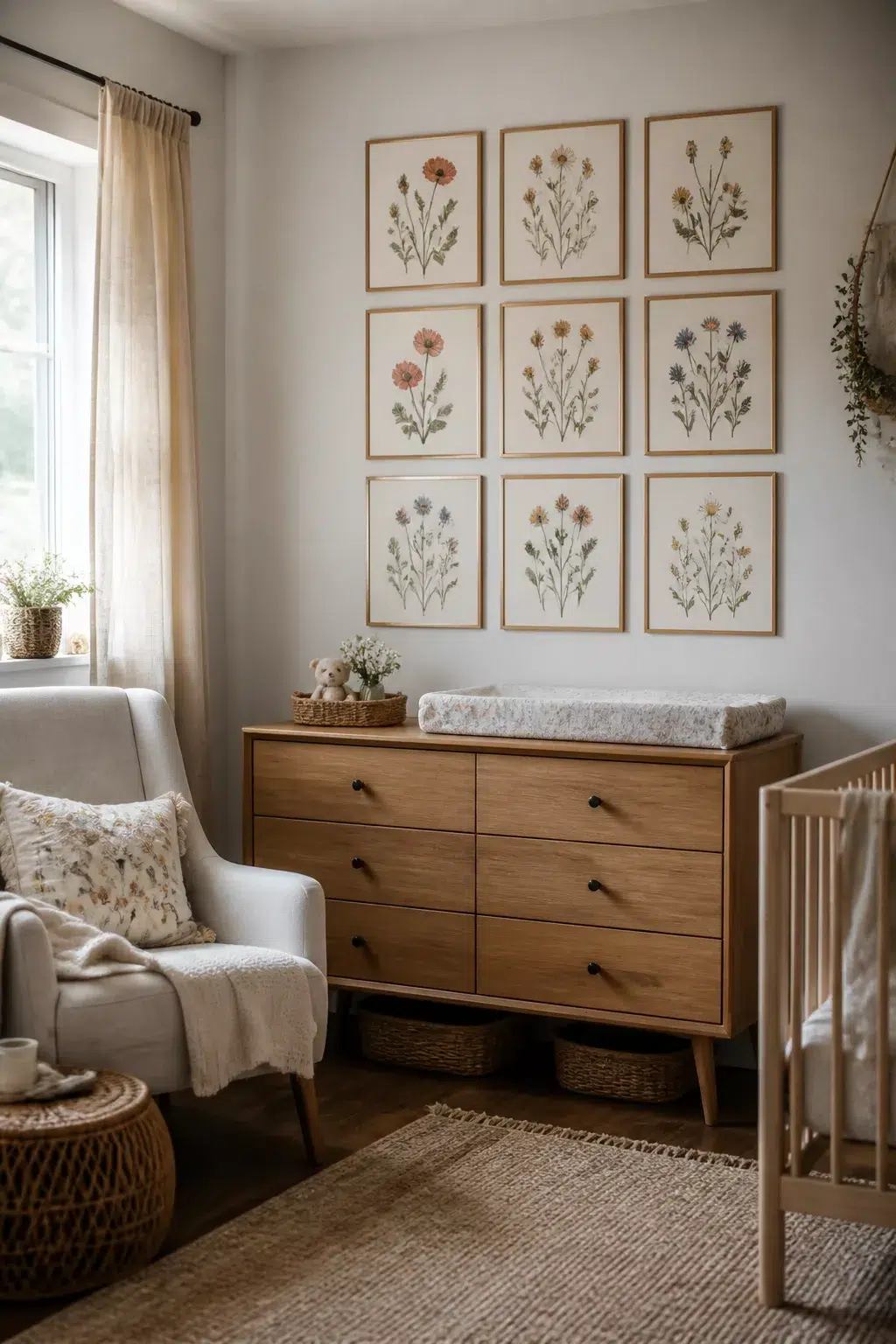 Six framed wildflower botanical prints in a grid above a wood dresser in a wildflower nursery design