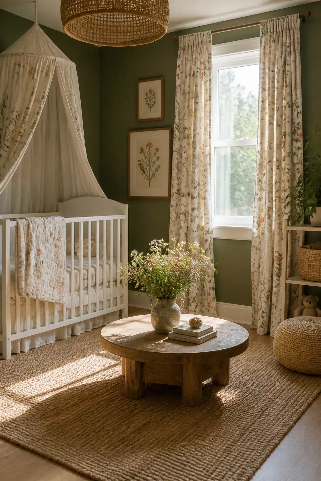 Sage green wildflower nursery designs with floral curtain panels, white crib, jute rug, and botanical wall art.