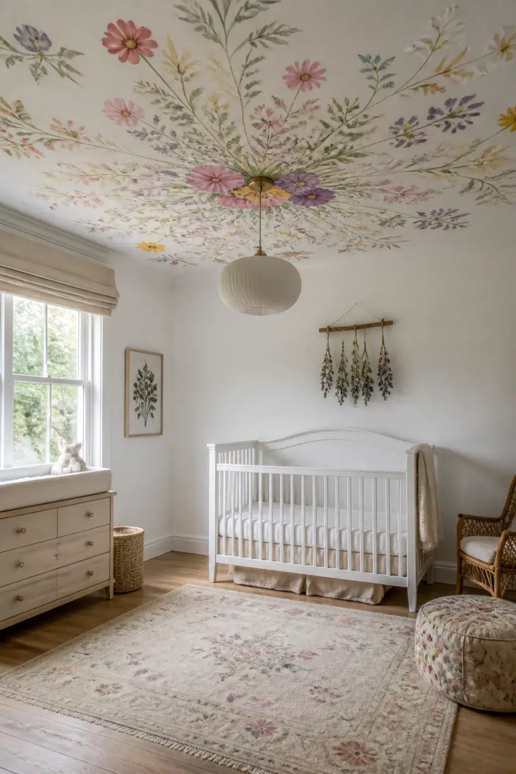 Wildflower nursery design with a soft painted floral mural covering the ceiling above a white crib.