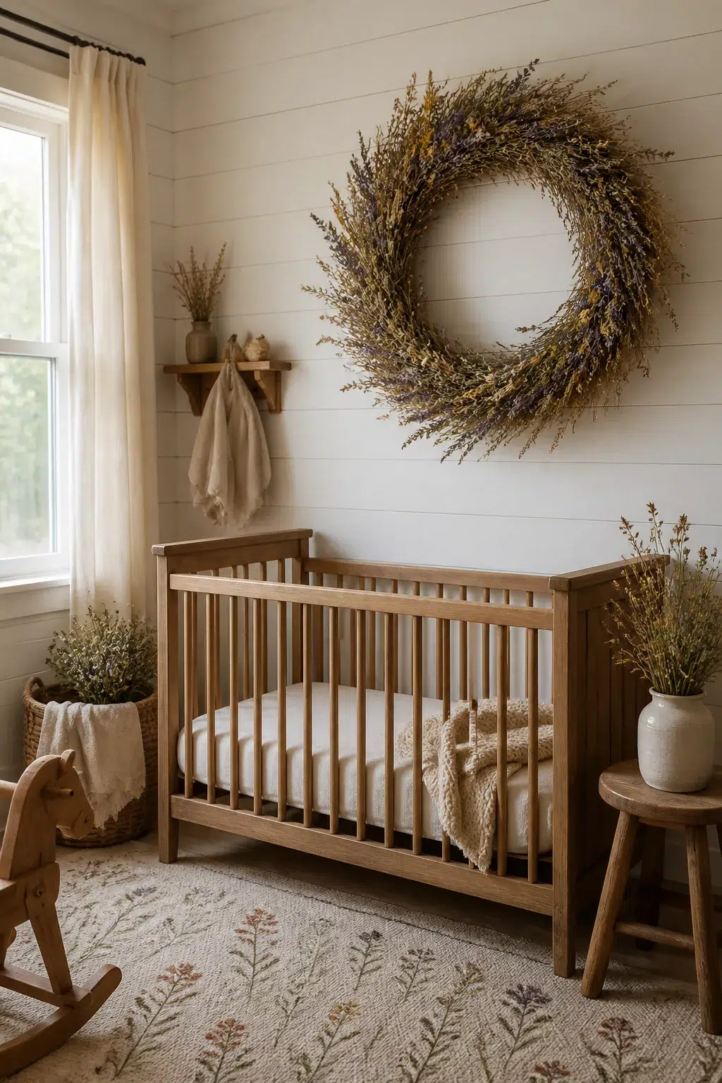 Oversized dried wildflower wreath above a wood crib in a shiplap wildflower nursery design with warm neutral tones.