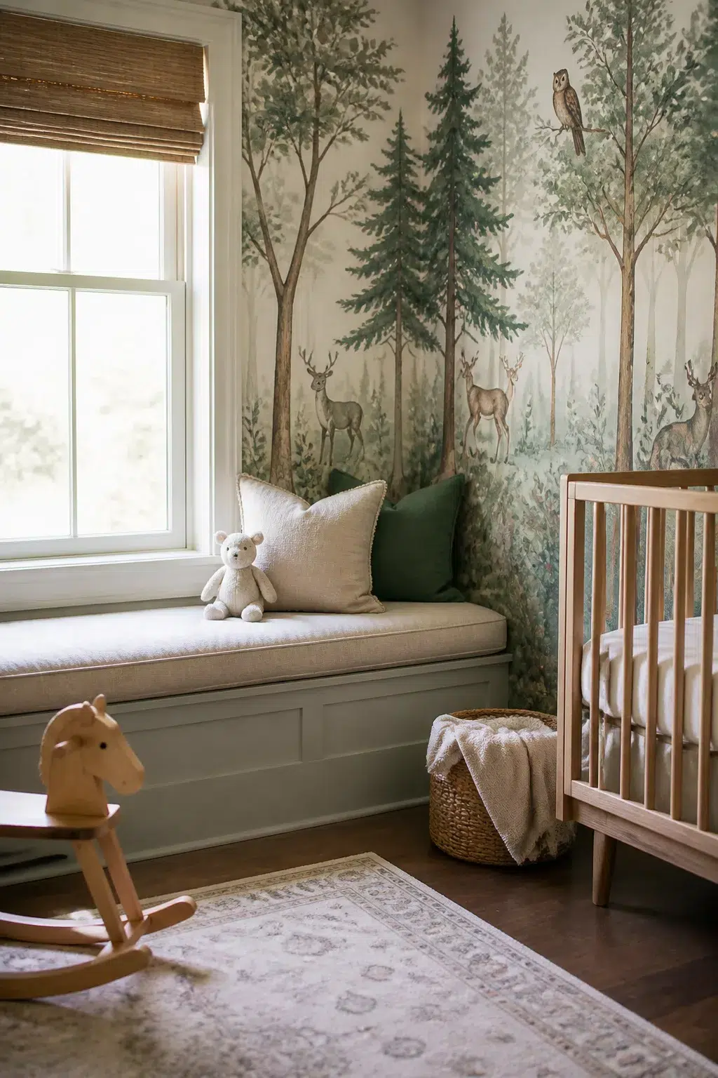 Woodland nursery ideas with watercolor deer mural, built-in window bench, light wood crib, and woven basket.