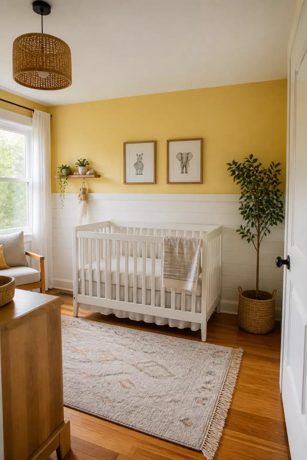 Soft butter yellow accent wall with white shiplap in a nursery — yellow accent walls for nurseries inspo