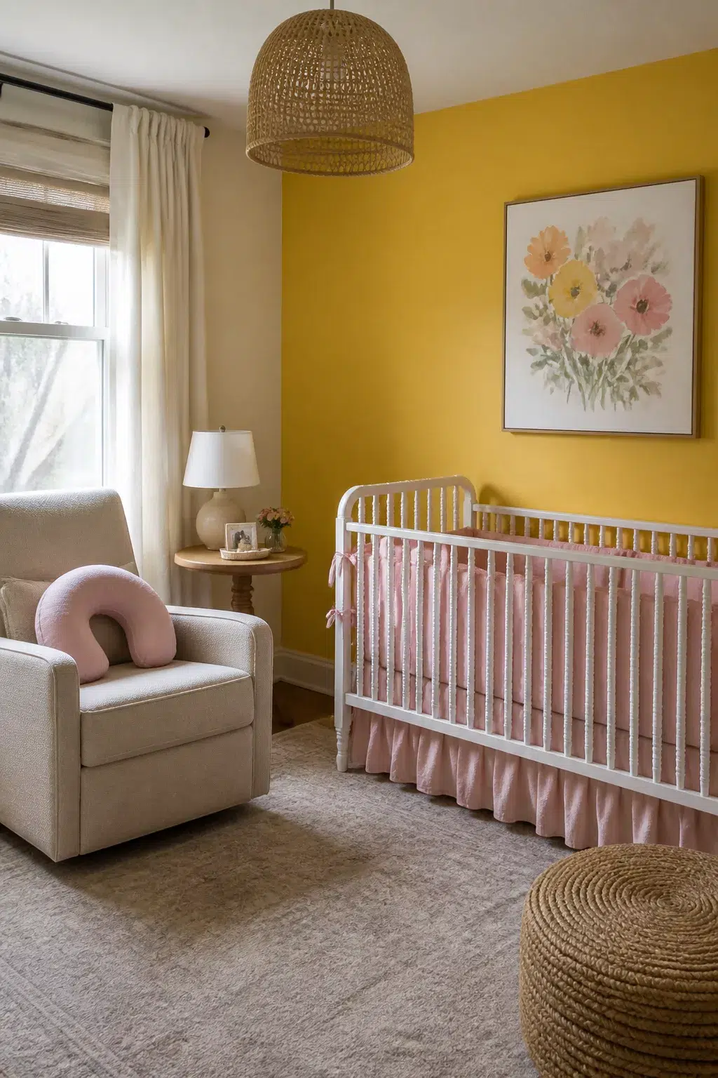 Citrine yellow accent wall nursery with blush pink crib bedding, rattan pendant light, and white iron crib.