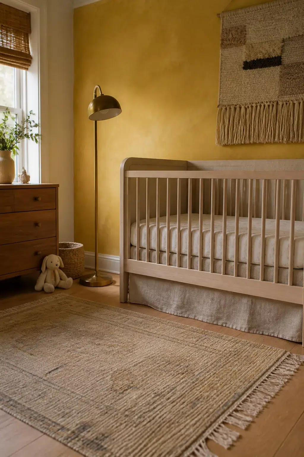 Ochre yellow limewash accent wall in a nursery with a wood crib, jute rug, and woven wall art — yellow accent walls for nurseries