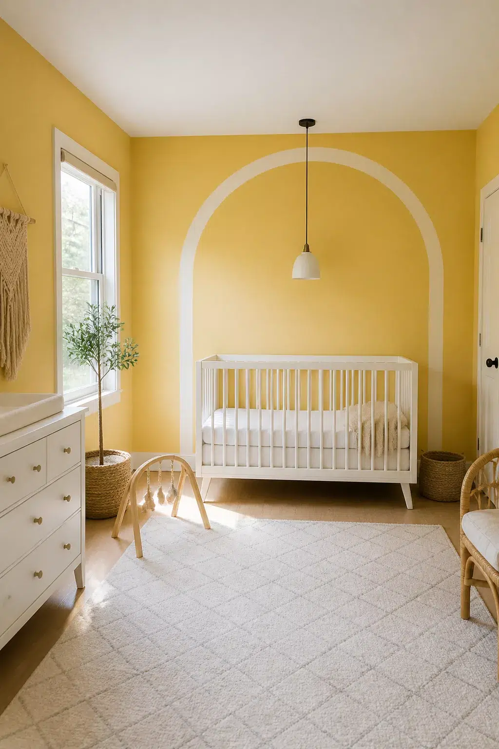 Pale yellow accent wall nursery with painted white arch framing a white crib and pendant light.