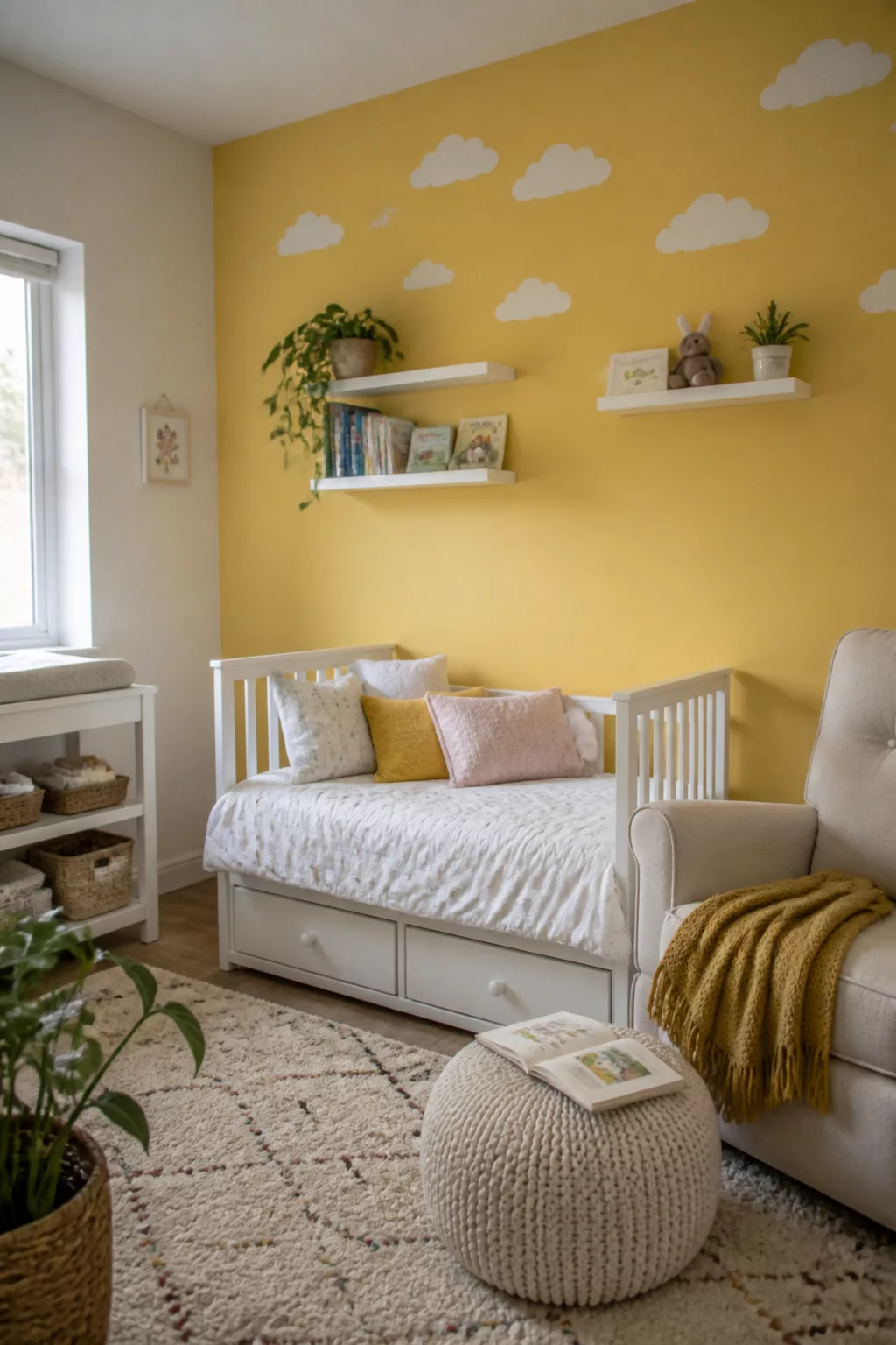 Canary yellow accent wall with white painted clouds in a cozy nursery — Yellow Accent Walls For Nurseries idea