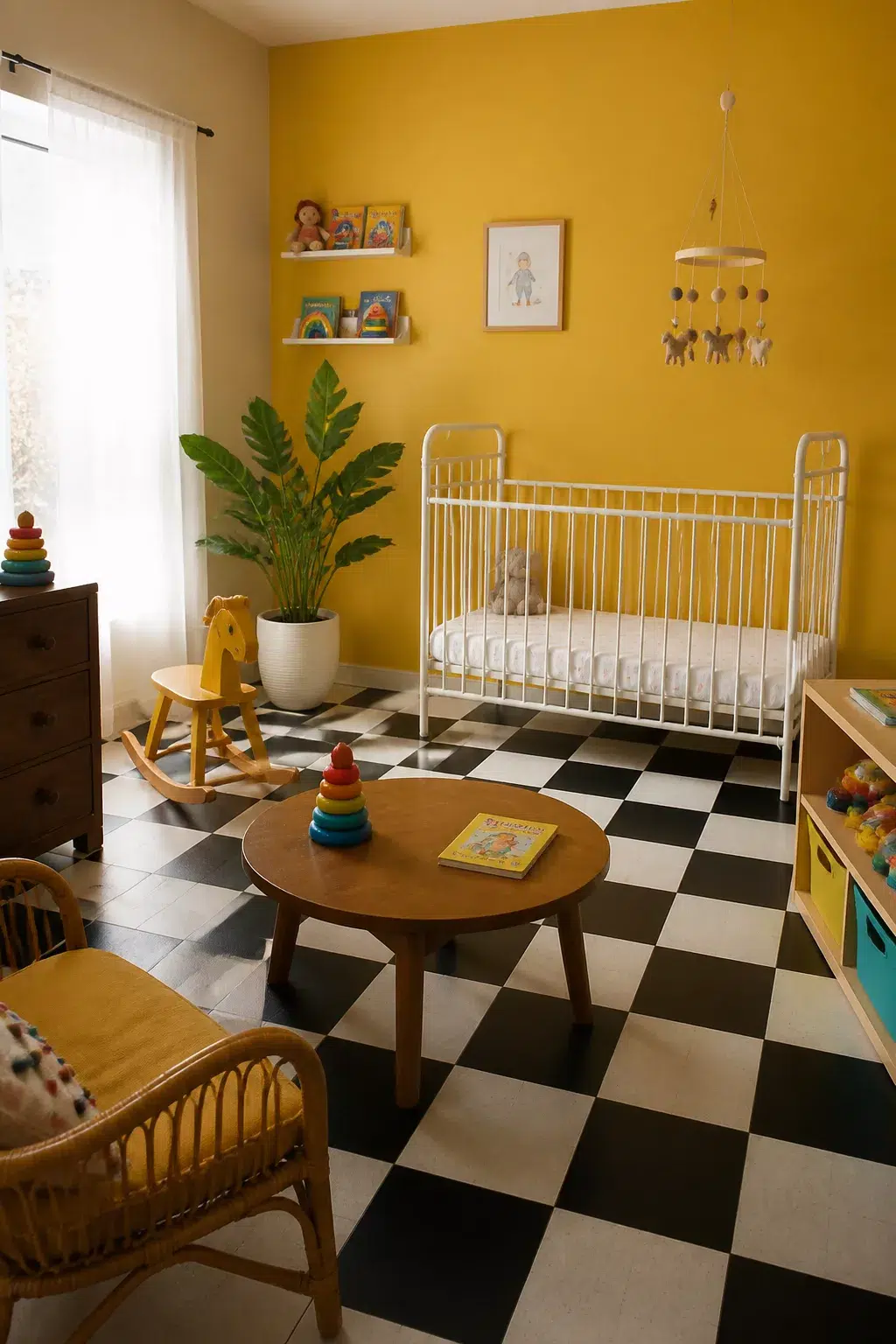 Yellow accent wall nursery with bold black and white checkered floor, white iron crib, and rattan chair.
