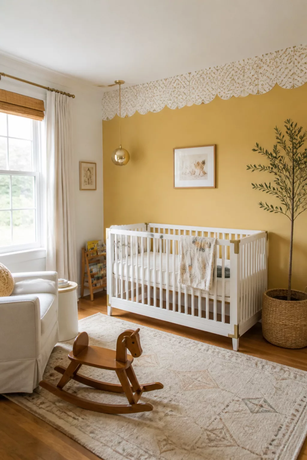 Yellow accent wall nursery with scallop wallpaper border, white crib, rattan basket, and wooden rocking horse.