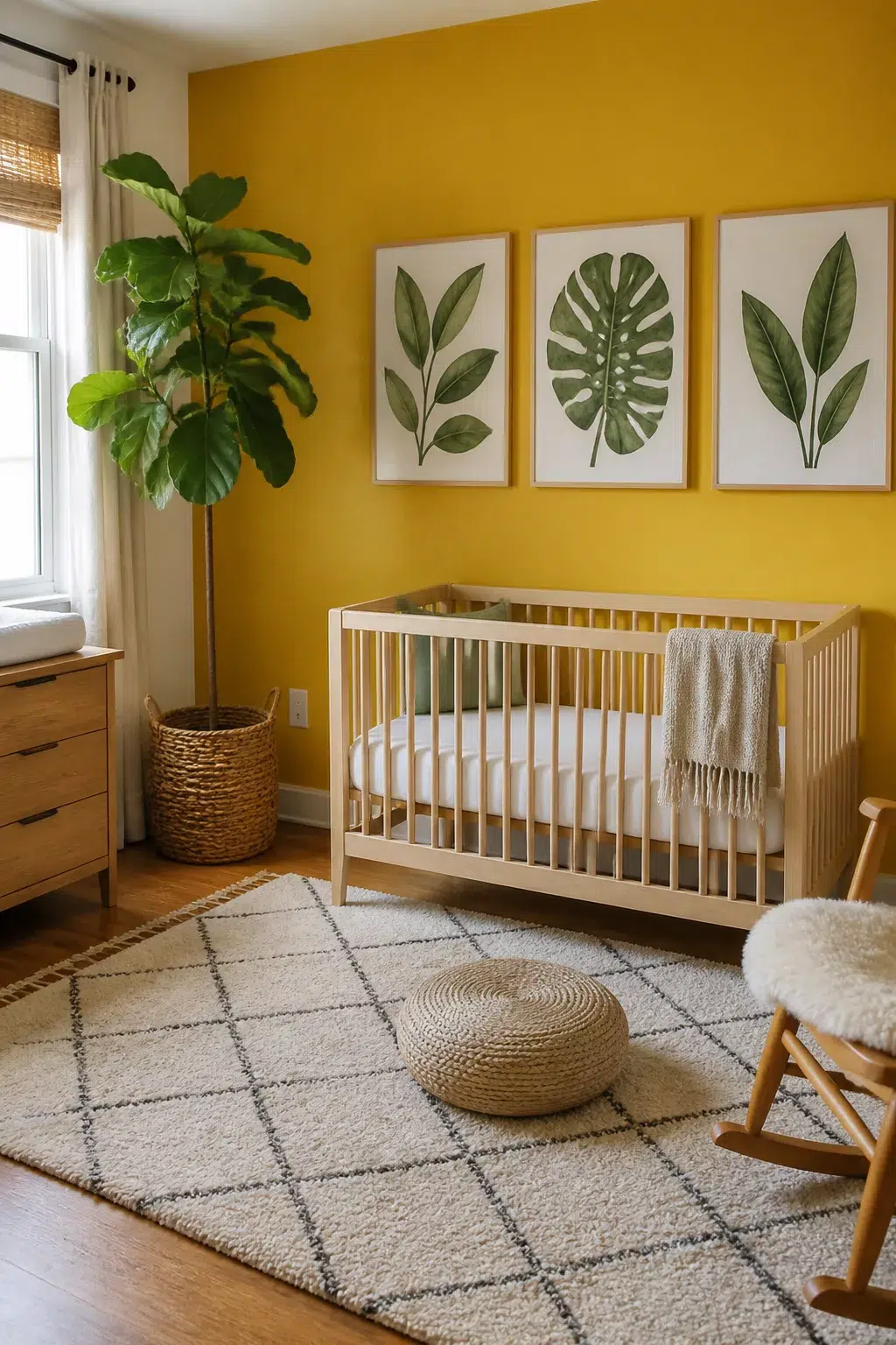Deep saffron yellow accent wall nursery with botanical leaf prints, natural wood crib, and woven rug.
