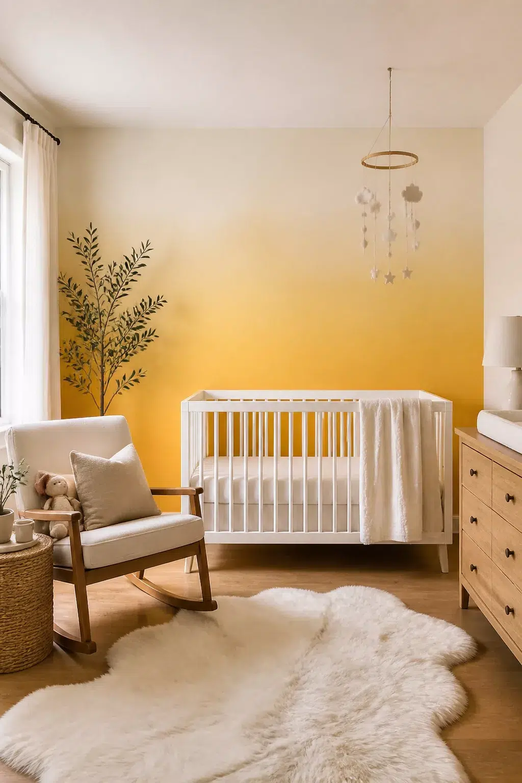 Soft yellow ombré accent wall in a nursery with white crib and sheepskin rug — yellow accent walls for nurseries