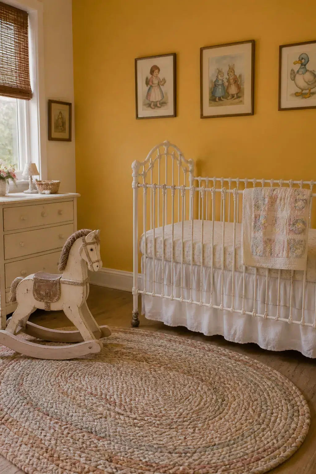 Goldenrod yellow accent wall nursery with antique white iron crib, rocking horse, and vintage storybook prints