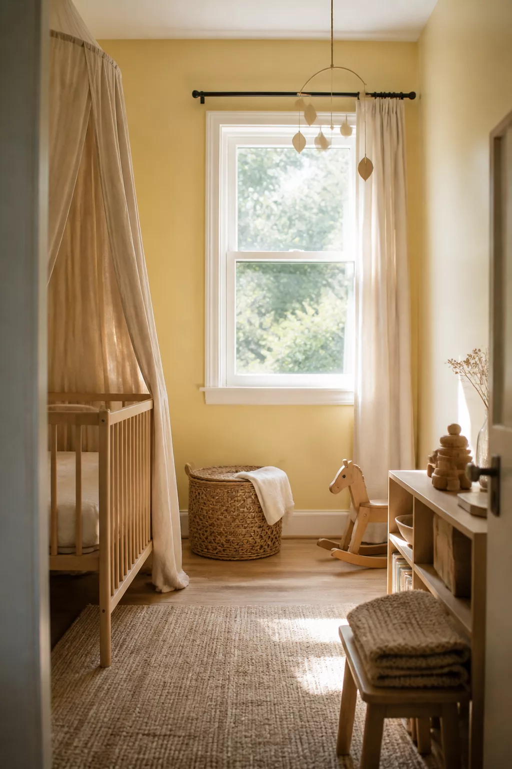 Yellow accent wall nursery with linen canopy crib, jute rug, wicker basket, and wooden rocking horse in warm neutral tones.