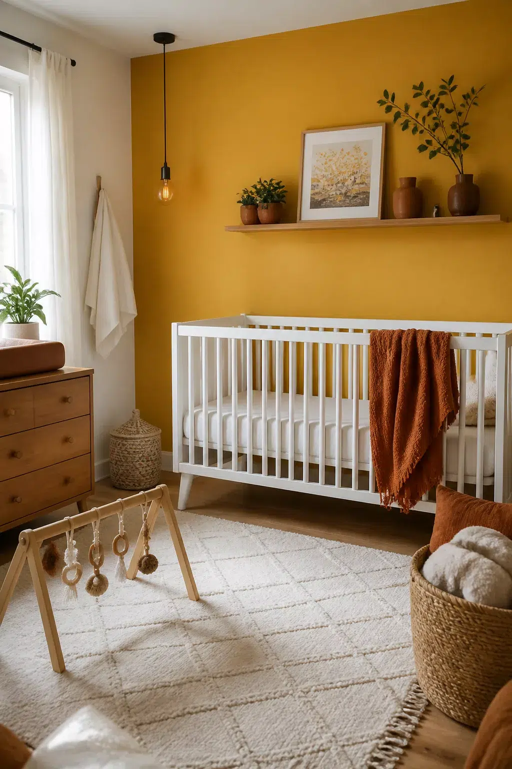 Bold mustard yellow accent wall in a nursery with white crib, rust throw, and earthy wood tones.