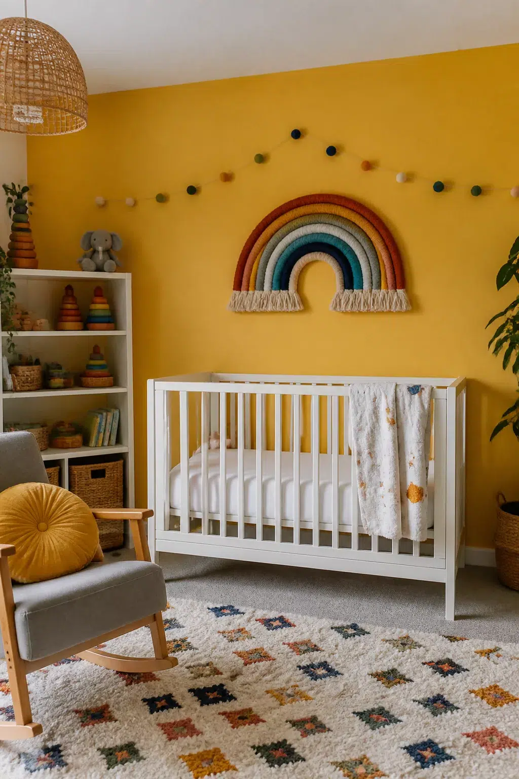 Yellow accent wall nursery with macramé rainbow art, white crib, gray rocker, and colorful pom-pom garland