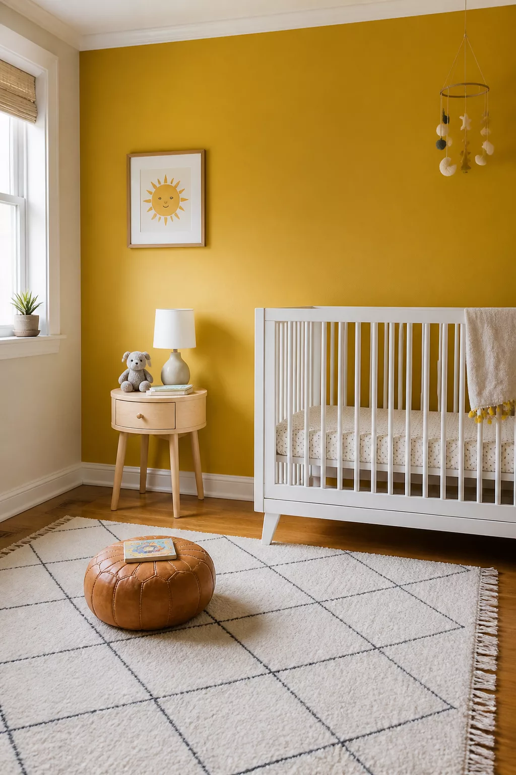 Amber yellow accent wall nursery with white crib, leather pouf, and Berber rug — yellow accent walls for nurseries