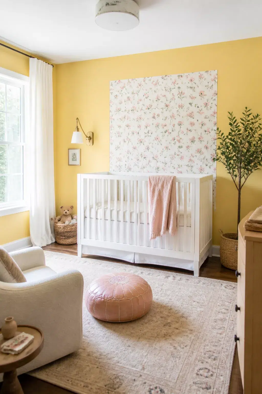 Pale yellow accent wall nursery with floral peel-and-stick panel behind white crib and blush pouf