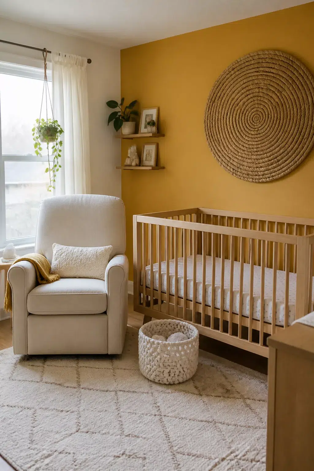 Turmeric yellow accent wall nursery with round woven art, natural wood crib, and cream glider — yellow accent walls for nurseries