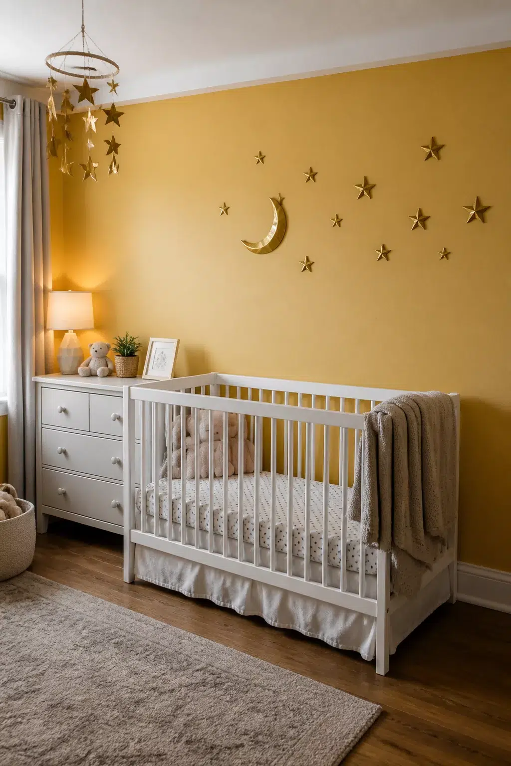 Soft yellow accent wall nursery with gold moon and star decor above a white crib — Yellow Accent Walls For Nurseries