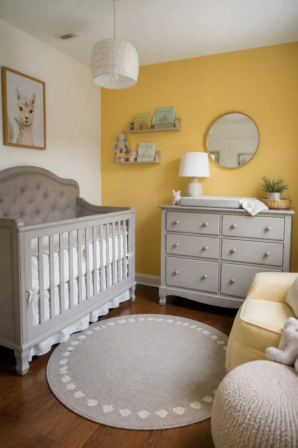 Pale lemon yellow accent wall nursery with gray tufted crib and dresser — yellow accent walls for nurseries