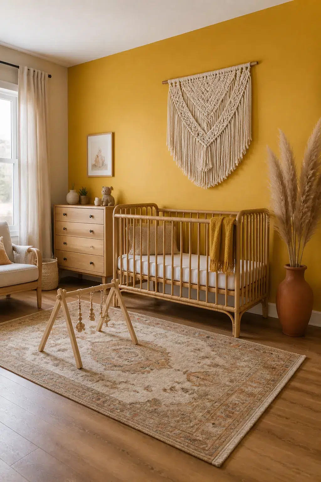 Marigold yellow accent wall nursery with rattan crib, macramé hanging, and boho decor — yellow accent walls for nurseries
