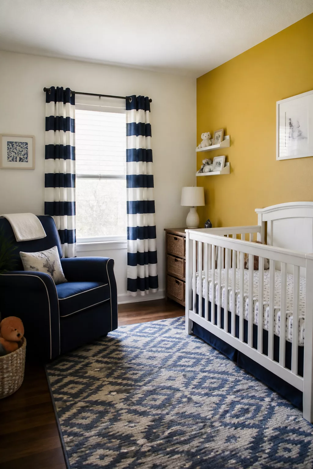 Muted golden yellow accent wall nursery with navy striped curtains, white crib, and navy glider — yellow accent walls for nurseries