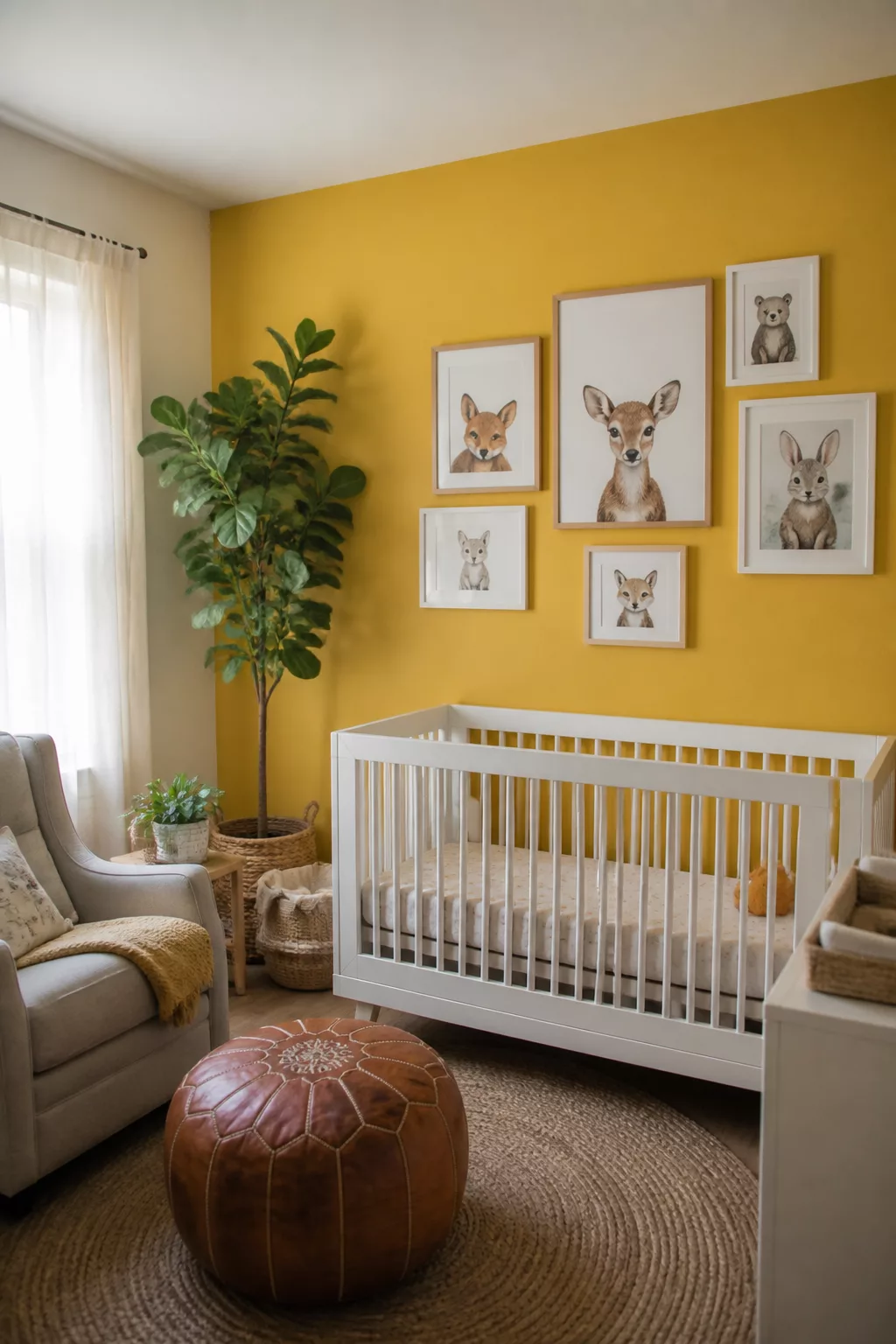 Yellow accent wall nursery with woodland animal prints, white crib, jute rug, and fiddle leaf fig tree.
