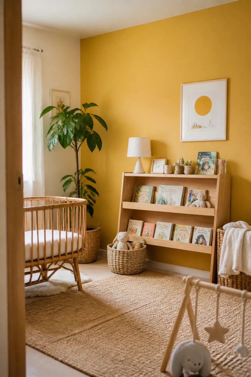 Honey yellow accent wall nursery with round rattan crib, wood bookshelf, and jute rug — yellow accent walls for nurseries