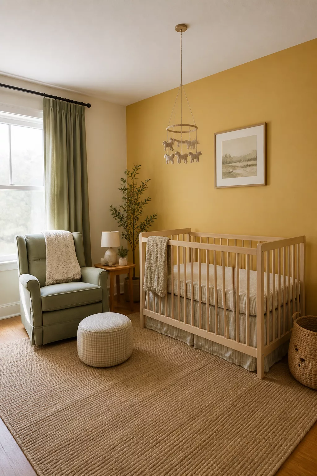 Dusty yellow accent wall nursery with sage green glider, jute rug, and natural wood crib — yellow accent walls for nurseries