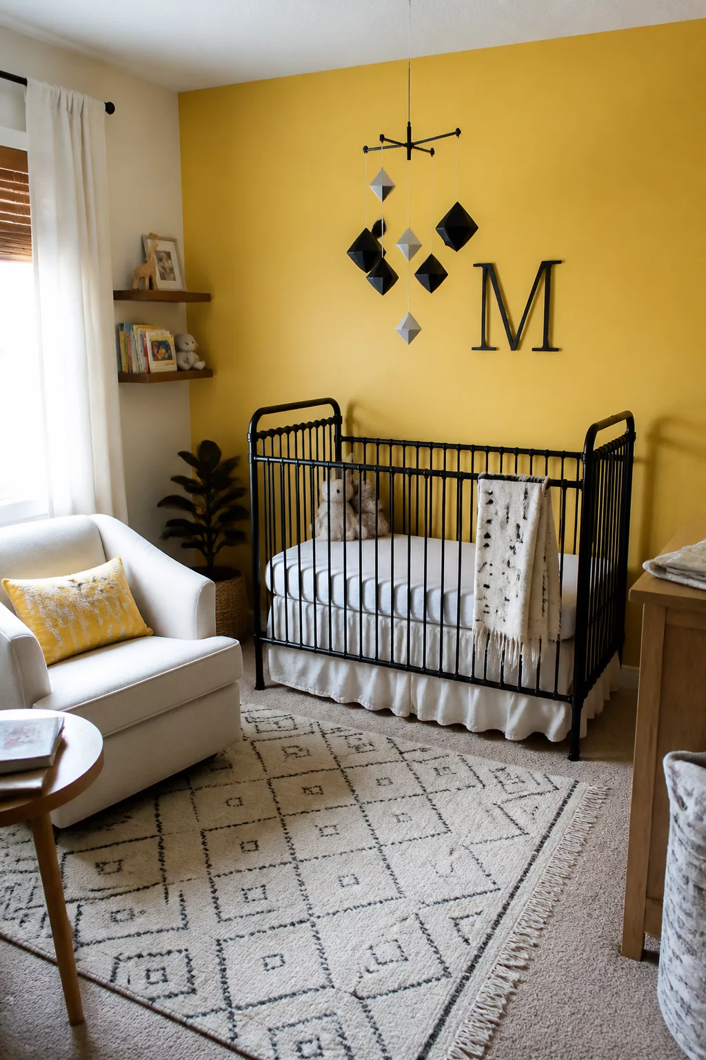 Yellow accent wall nursery with black iron crib, diamond mobile, and monogram letter — lemon yellow nursery idea