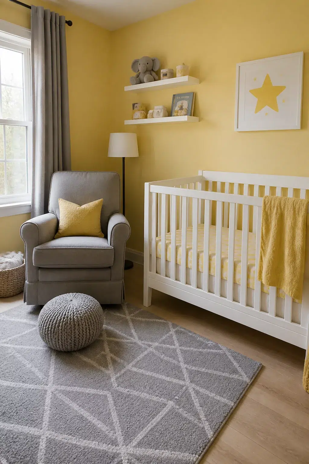 Yellow and gray gender-neutral nursery with white crib, gray glider, geometric rug — Yellow Nursery Ideas